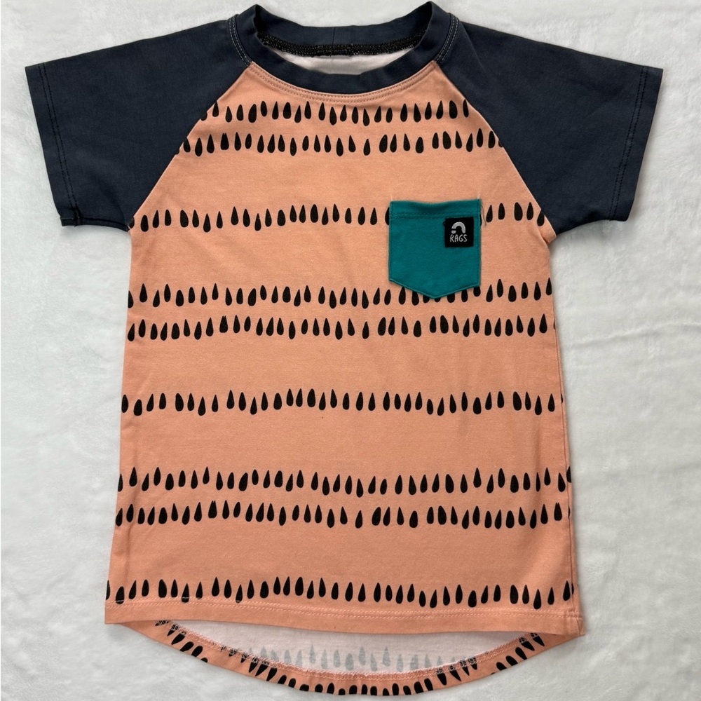 Rags to Raches - Watermelon Raglan Tee with Pocket & Teal Sleeves - 2T Unisex